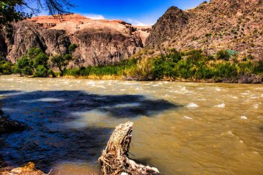 Almaty, Kazakistan - 16 Haziran 2017 Charyn Kanyonu 'ndan geçen Charyn Nehri ve bozkır tatlısının etrafında biraz yeşillik