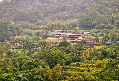 Taipei, Tayvan - 01 Aralık 2016: Sabah sisi ile çevrili dağlardaki dik bir Asya tepesine bir restoran kuruldu