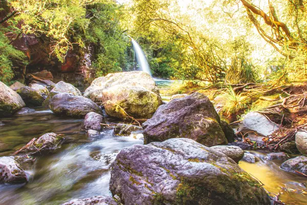 stock image Puerto Varas, Chile - November 10 2014 : a romantic and idyllic looking turquoise mountain lake with water fall in the Andes in southern Chile