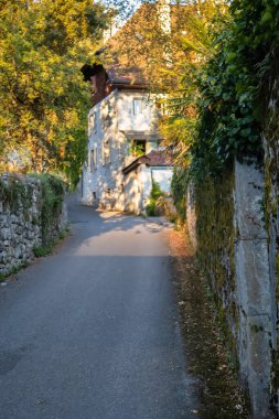 Talloires, Fransa - Eylül 08 2020: Fransız dağlarında sarmaşıklarla kaplı tarihi bir eve giden küçük bir yol