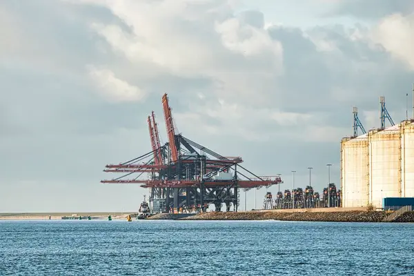 stock image Rotterdam, Netherlands - November 22 2021 : lines of huge half and completely automated cranes to offload containers from ships in the harbor