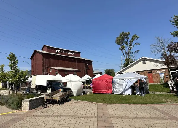 Limanı Perry, Kanada - 19 Ağustos 2023: Çiftçi pazarı kasabanın tarihi ana caddesinde ve rıhtım ve marinası olan tahıl asansörünün yanında ve taze yerel marinalı tezgahlarda düzenlenmektedir.