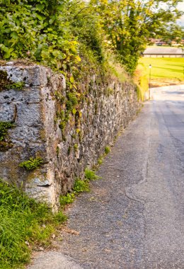 Menthon Aziz Bernard, Fransa - 10 Eylül 2020: yol kenarında çimen ve bitkilerle kaplı bir kalenin tarihi taş koruma duvarı