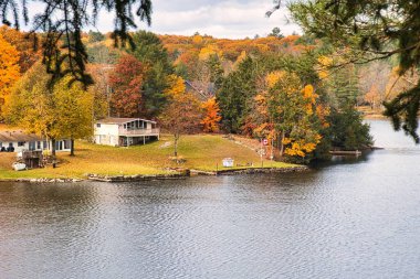 kawartha lakes, canada - 20 October 2022: a cabin on the shore of a small lake in the kawartha lakes region in fall colors