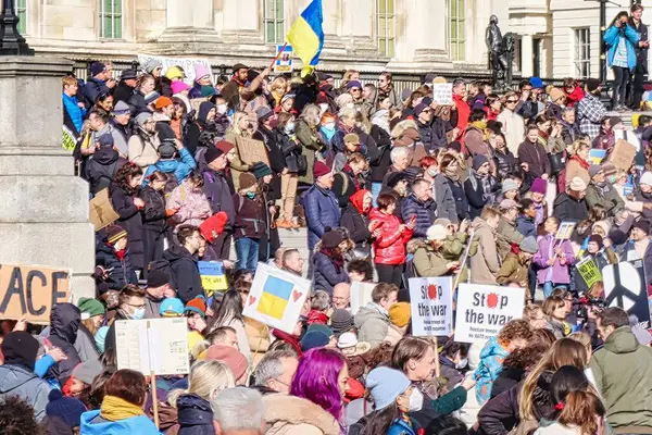 stock image London, United Kingdom - March 6 2022: An Anti Russia war Pro Ukraine demonstration is going on on Trafalgar Square in the center of the british capital with crowds of people