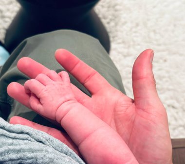 Port Perry, Kanada - Eylül 07 2023: Yeni doğan bir bebeğin küçük eli babasının eliyle tutuluyor.