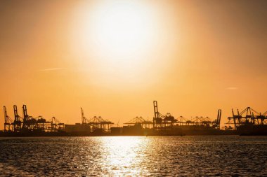 Rotterdam, Hollanda - 22 Kasım 2021: Vinçleri olan bir sanayi limanında gün batımında bir römorkör yüzüyor