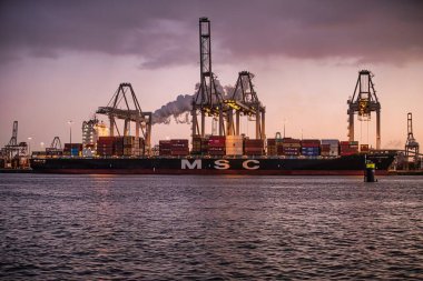 Rotterdam, Hollanda - 22 Kasım 2021: Güverte gemisindeki konteynırları boşaltmak için devasa yarıdan ve tamamen otomatik vinçlerden oluşan hatlar