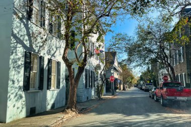 charleston, united states - november 7 2022: old historic houses with colorful facades around small streets in downtown clipart