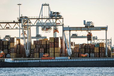 Rotterdam, Hollanda - 22 Kasım 2021: Güverte gemisindeki konteynırları boşaltmak için devasa yarıdan ve tamamen otomatik vinçlerden oluşan hatlar