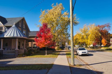 gananoque, canada - 22 October 2022 : residential neighborhood street with historic houses and trees in fall colors