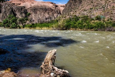 Almaty, Kazakistan - 16 Haziran 2017: Charyn Canyon Kazakistan yakınlarındaki kayalık bir arazide bir nehir eserken yemyeşil alanlar çevresindeki araziyle çelişiyor.