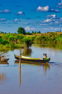 Bago, Myanmar - Aralık 03 2012: Açık bir günde Myanmar 'da yemyeşil yemyeşil bir nehir üzerinde geleneksel bir balo teknesiyle kürek çeken kişi.