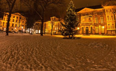 Lahey, Hollanda - 20 Aralık 2009: sepia güzelliği vurguluyor. Lange Voorhout Meydanı 'nda büyük bir noel ağacı. Hollanda tarihi aydınlatmalı evler var.