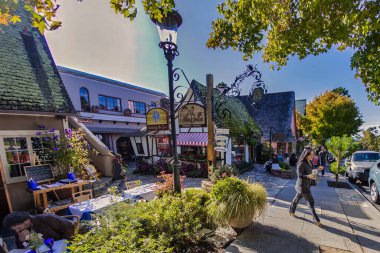 Carmel, ABD - 19 Kasım 2011: Ziyaretçiler, Carmel California 'nın canlı çiçek ve ağaçlarla çevrili resim dükkanlarını ve kafelerini rahatça keşfediyorlar.