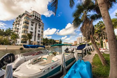 Miami, ABD - Ekim 06 2011: Miami Plajı 'nda güneşli bir gün Palmiye ağaçları ve modern binalarla çevrili bir kanal boyunca tekneler var.