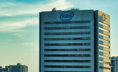 toronto, canada - 23 October 2022: a concrete highrise skyscraper in the gta region wiith the logo of chip maker intel