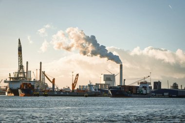 Rotterdam, Hollanda - 22 Kasım 2021: Otomatik vinçler Rotterdam limanındaki gemilerden konteynır indiriyor