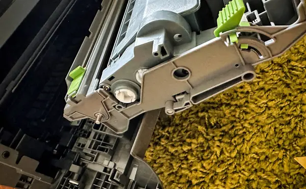 Hollanda, den haag - 30 Mayıs 2023: Bir ev yazıcısındaki boş bir kartuşu yenisiyle değiştirmek