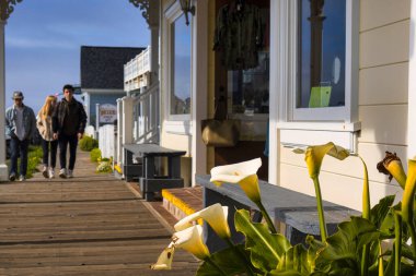 Mendocino, ABD - 16 Şubat 2020: Ziyaretçiler Mendocino California 'da ahşap patikalarda yürüyorlar ve tuhaf mağazaların ve canlı çiçeklerin tadını çıkarıyorlar
