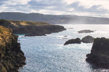 Mendocino, ABD - 16 Şubat 2020: Mendocino kıyısındaki kayalık uçurumların ve sakin körfezlerin çarpıcı manzarası güzellikleri gözler önüne seriyor