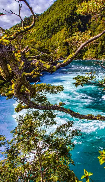 Puerto Varas, Şili - 10 Kasım 2014: Vahşi Petrohue Nehri Şili 'nin güneyindeki dağlarda çağlayarak akan şelaleler ve canlı mavi sular.