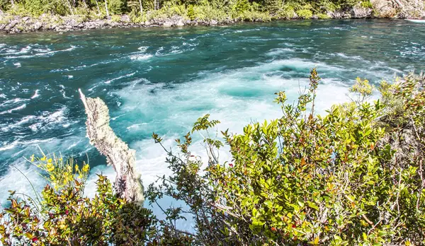Puerto Varas, Şili - 10 Kasım 2014: Puerto Varas 'taki vahşi Petrohue Nehri, Şili' nin güneyindeki kayalık dağ arazisinde çarpıcı şelaleler ve şelaleler barındırıyor.