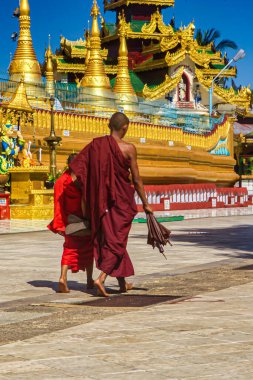 Bago, Myanmar - 03 Aralık 2012: Keşişler, Balo Myanmar 'da, açık mavi gökyüzünün altındaki süslü tapınaklarla çevrili bir patika boyunca yürürler..