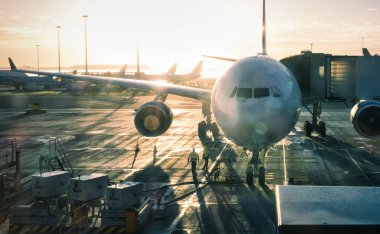 amsterdam, netherlands - 18 October 2022: airplanes are docked at gates on the platform of an airport early in the morning with sunset and fog