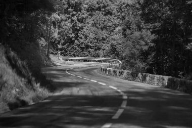 Col de Glaudon, Fransa - 10 Temmuz 2009: Eğri yol Savoie 'deki Fransız Alpleri' nin verimli yeşillikleri boyunca uzanır..