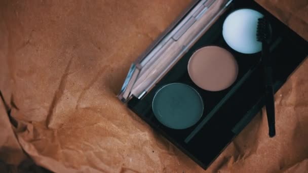 Ögonbrynsskugga Virvla Hantverk Bakgrund Orörd Kosmetika Köttfärg Makeup Palett Set — Stockvideo