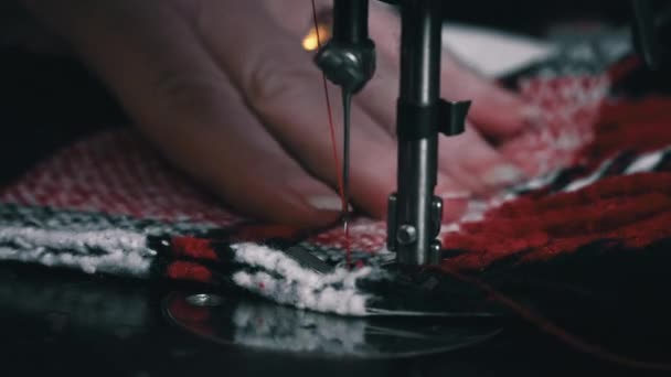 Aged Woman Sews Old Sewing Machine Needle Foot Sewing Machine — Vídeo de Stock