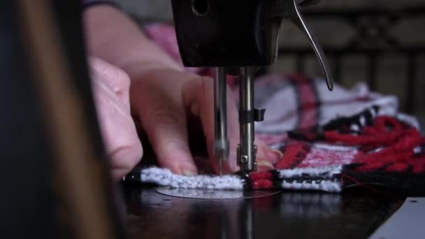 Aged Woman Sews Old Sewing Machine Needle Foot Sewing Machine — Stock Video