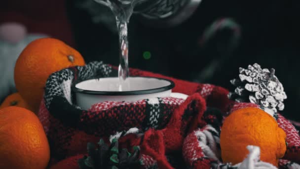 Girl Drinks Coffee Cozy New Years Atmosphere Background Christmas Tree — Stockvideo