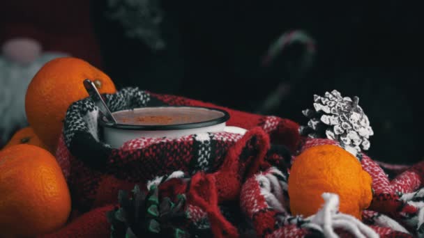 Girl Drinks Coffee Cozy New Years Atmosphere Background Christmas Tree — Vídeo de stock