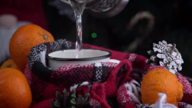 Girl drinks coffee in cozy New Years atmosphere on background of Christmas tree. New Years Eve alone. Screensaver in a cozy atmosphere. The aroma of coffee in a warm cozy blanket.