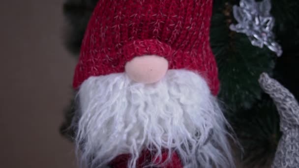 New Years Scandinavian Gnome Stands Christmas Tree Red Christmas Elf — Vídeo de Stock