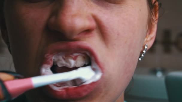 Girl Brushes Her Teeth Brush Morning Close Applying Toothpaste Brush — Vídeo de Stock