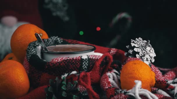 在圣诞树的背景下 女孩们在舒适的新年气氛中喝咖啡 除夕夜一个人 在舒适的氛围中保存屏幕 温暖舒适的毛毯中的咖啡香味 — 图库视频影像