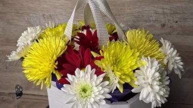 Flowers in a basket of chrysanthemums of different colors are spinning. Gift bouquet of flowers. Large beautiful flowers rotate and smell.