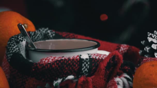 Girl Drinks Coffee Cozy New Years Atmosphere Background Christmas Tree — Stok video