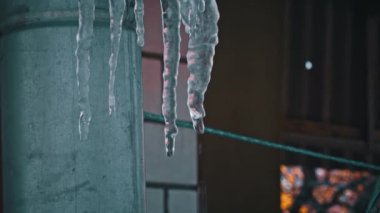 Icicles hang from the roof of the house close-up. After frost, the formation of ice icicles. Water dripping from the roof flowing down the icicles.