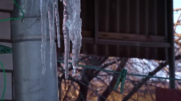 Icicles Menggantung Dari Atap Rumah Close Setelah Pembekuan Pembentukan Air — Stok Video