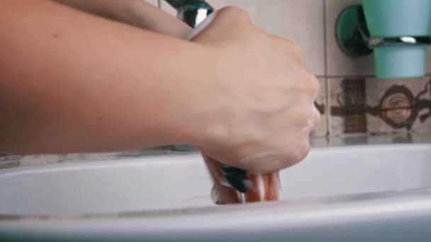 Girl Washes Her Hands Soap Tap Close Hand Hygiene Bacteria — Video Stock