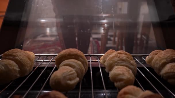 Housewife Takes Out Ready Made Croissants Oven View Oven Homemade — Stock Video