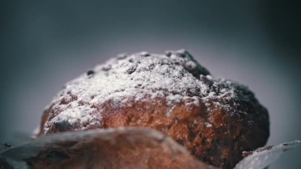 Powdered Sugar Sprinkled Appetizing Chocolate Muffin Close Delicious Dessert Slowly — Vídeo de stock