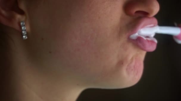 Girl Brushes Her Teeth Brush Morning Close Applying Toothpaste Brush — Video Stock