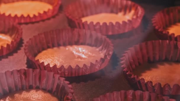 バニラマフィンはオーブンで調理されています 立ち上がりと茶色 自宅のオーブンで焼く ペストリーオーブンで注文するカップケーキを焼きます オーブンで焼いたカップケーキ — ストック動画