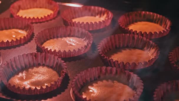Brioșele Vanilie Sunt Gătite Cuptor Cresc Maro Coacerea Într Cuptor — Videoclip de stoc