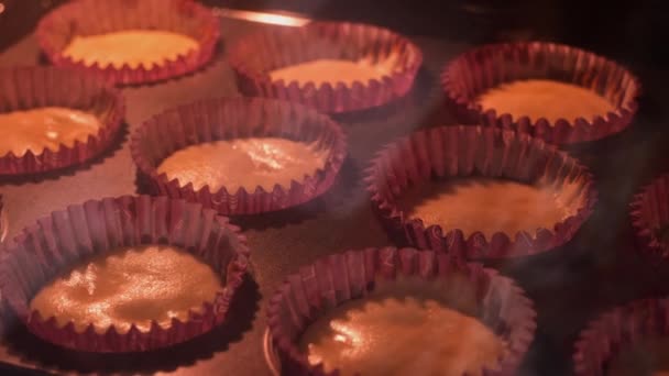 Vanilkové Muffiny Vaří Troubě Stoupají Jsou Hnědé Pečení Troubě Pečicí — Stock video